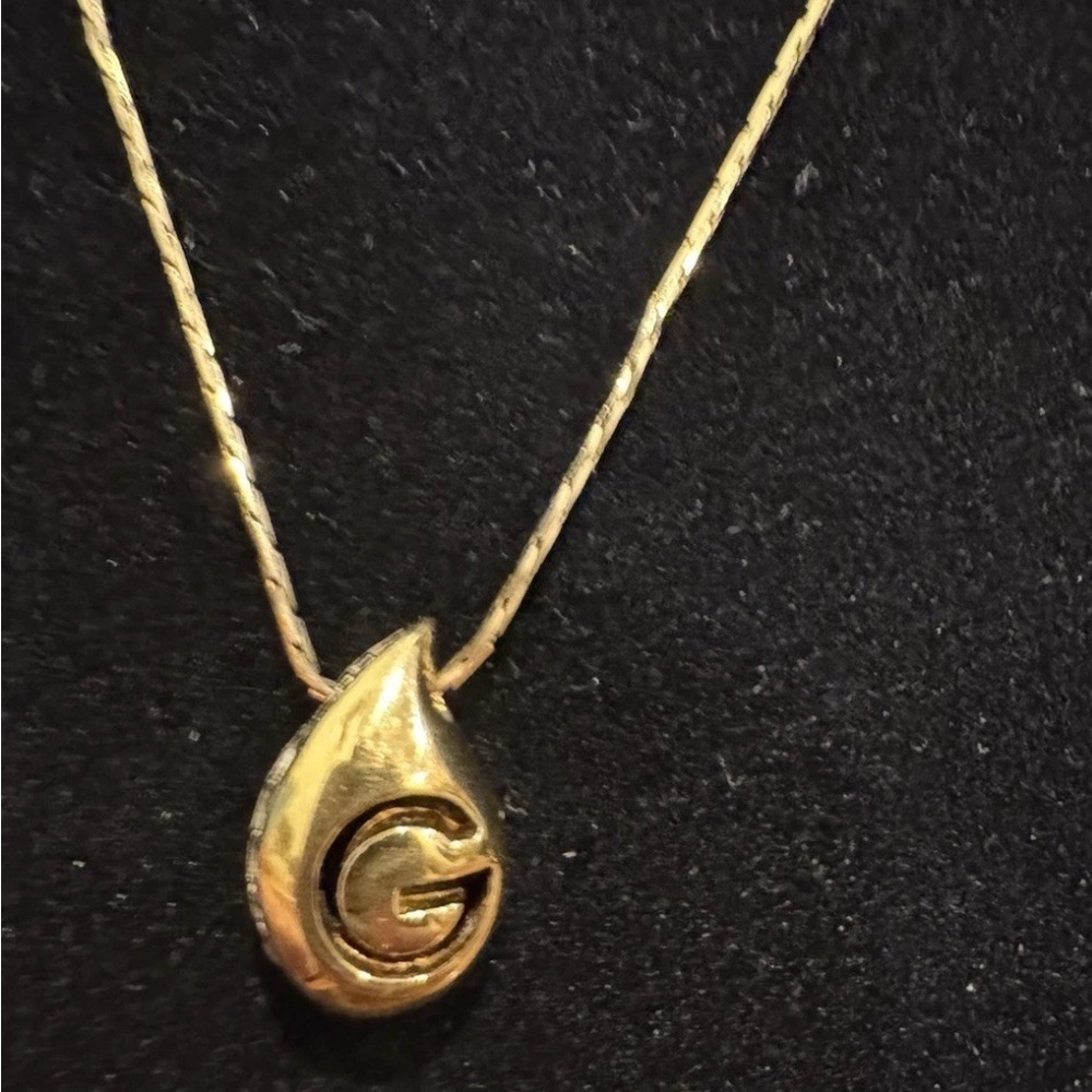 Givenchy Vintage Logo G Teardrop Crystal Pendant Necklace Gold Signed Authentic - Picture 3 of 5